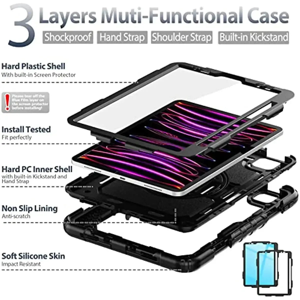 Kickstand Shockproof Case For iPad Pro 11 12.9 M2 2022 2021 2020 Cover iPad 12.9 Pro 3 4 5 6+PET Screen Protector+Shoulder Strap Avontic