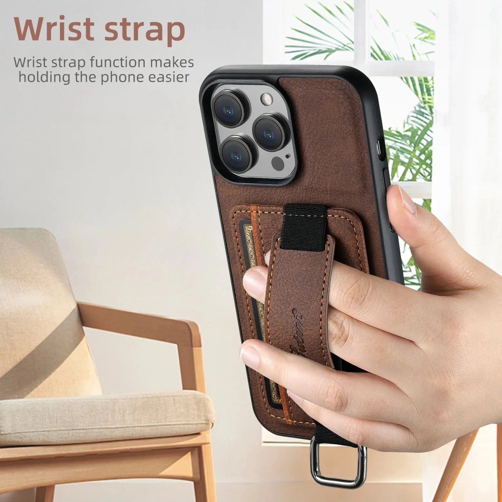 Luxury Leather Card Holder Phone Case For iPhone 13 12 14 15 Pro Max 15Plus 11 Xs Xr X Wrist Ring Shell Wallet Shockproof Cover Avontic