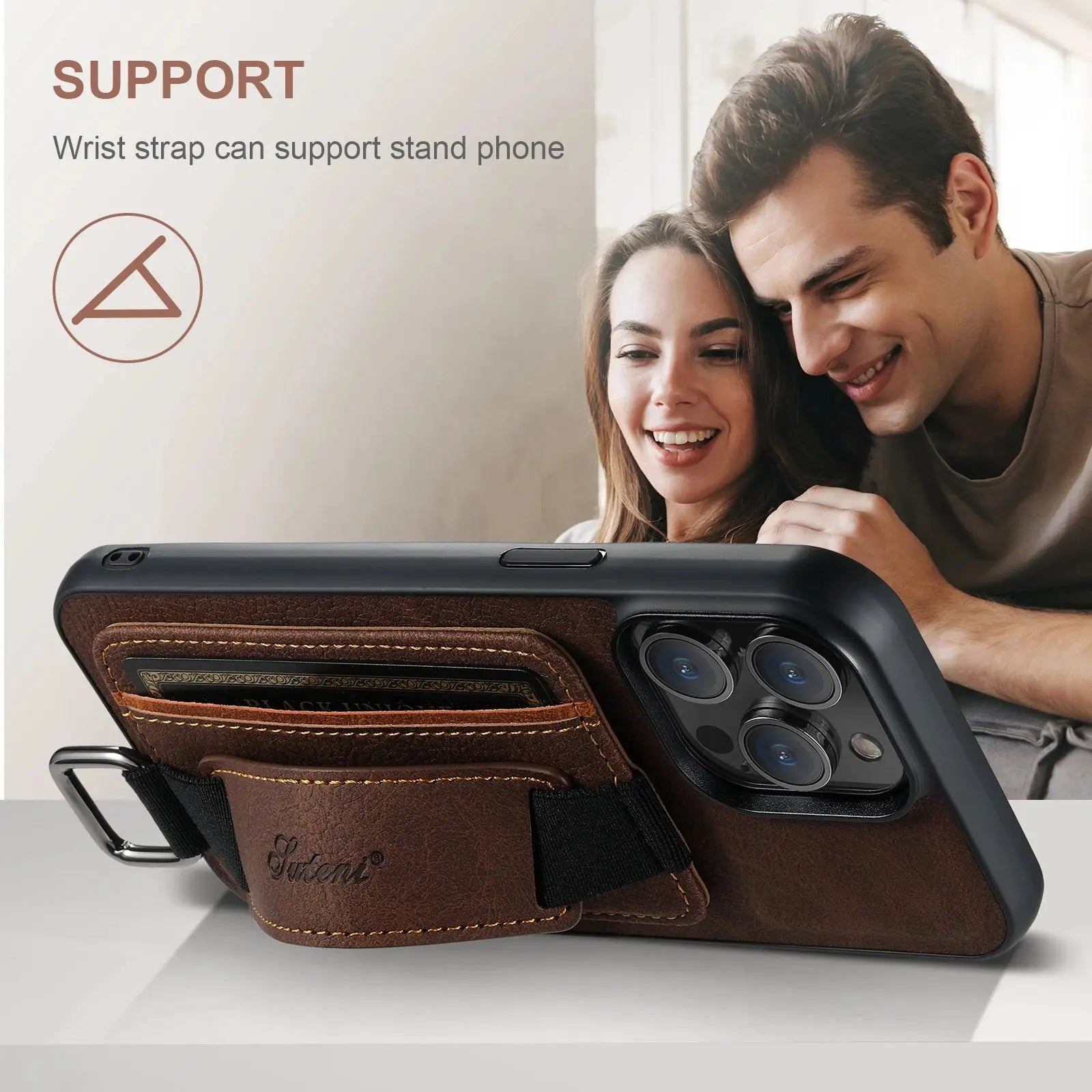 Luxury Leather Card Holder Phone Case For iPhone 13 12 14 15 Pro Max 15Plus 11 Xs Xr X Wrist Ring Shell Wallet Shockproof Cover Avontic