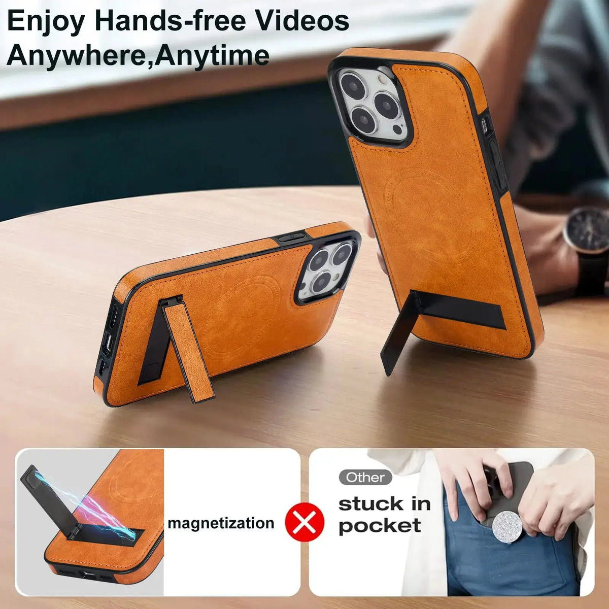 Magnetic for iPhone 15 14 Pro Max Plus Leather Case, Built-in Invisible Stand Protective Slim Kickstand Phone Cover Avontic