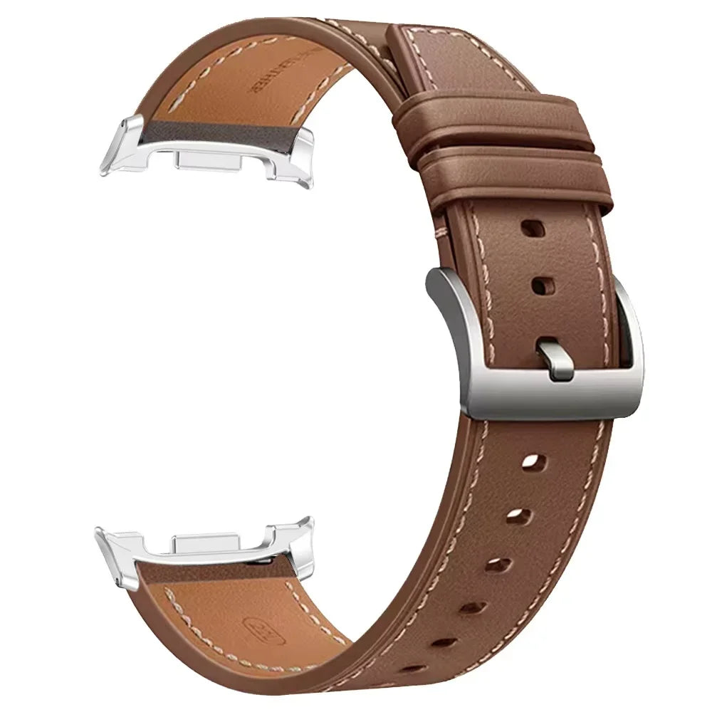 Avontic TailorLink Brown / Silver Connector leather band for Galaxy Watch9, Watch8, Watch8 Classic, Ultra and Ultra2 on a clean background
