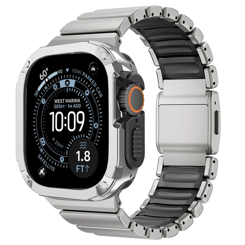 TitanFusion UltraGuard Series — Titanium Metal Band + Rugged Case for Apple Watch Ultra 3, Ultra 2, Ultra 1, Series 11, 10, 9, 8 (49mm / 46mm / 45mm / 44mm)