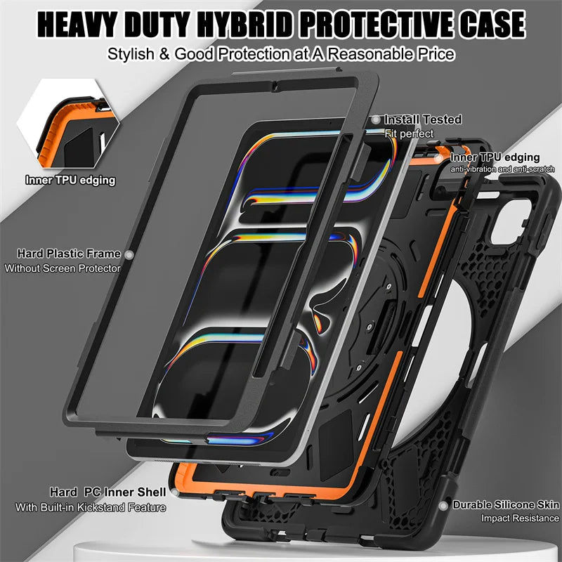 Rugged Kickstand Shockproof Case with Shoulder Strap for 2024 2025 iPad Pro 11", 12.9", iPad Air 13", & iPad Air 11" M2
