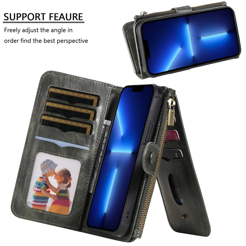 2 in 1 Detachable Magnetic Wallet Case for iPhone 15 14 13 12 11 Pro Max Wallet with Card Holder,Zipper,Pouch Pocket Flip Cover Avontic