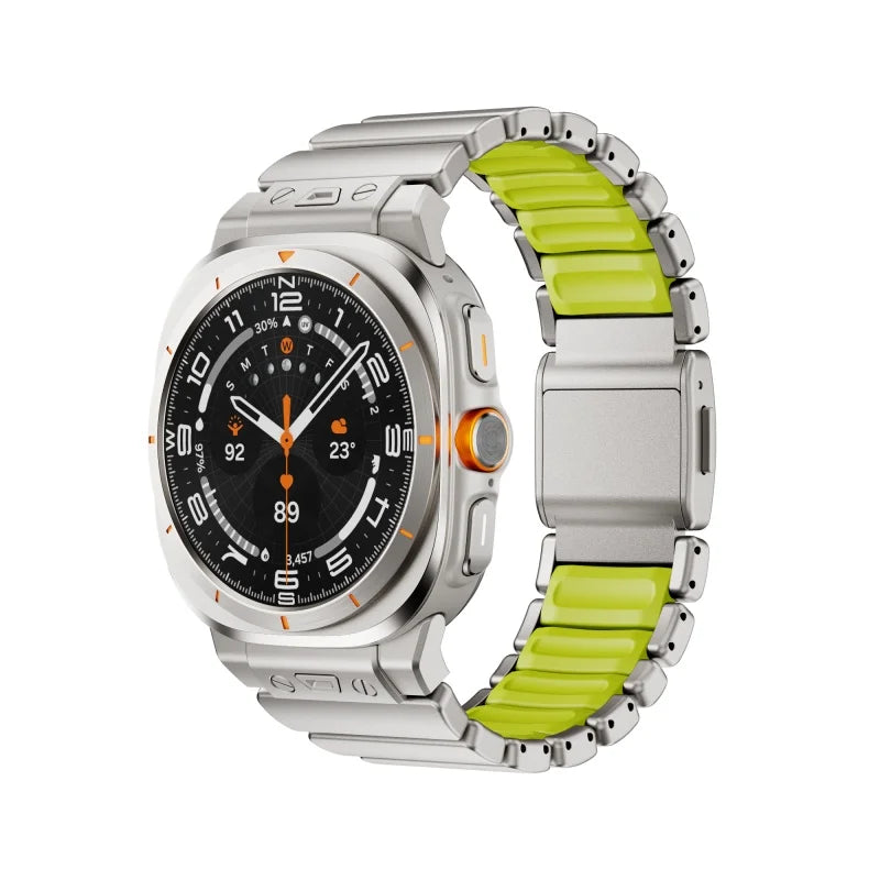 Avontic PulseLink Titanium-Tone / Green contrast-link stainless steel band for Galaxy Watch Ultra and Ultra2 47mm
