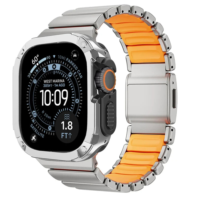 TitanFusion UltraGuard Series — Titanium Metal Band + Rugged Case for Apple Watch Ultra 3, Ultra 2, Ultra 1, Series 11, 10, 9, 8 (49mm / 46mm / 45mm / 44mm)