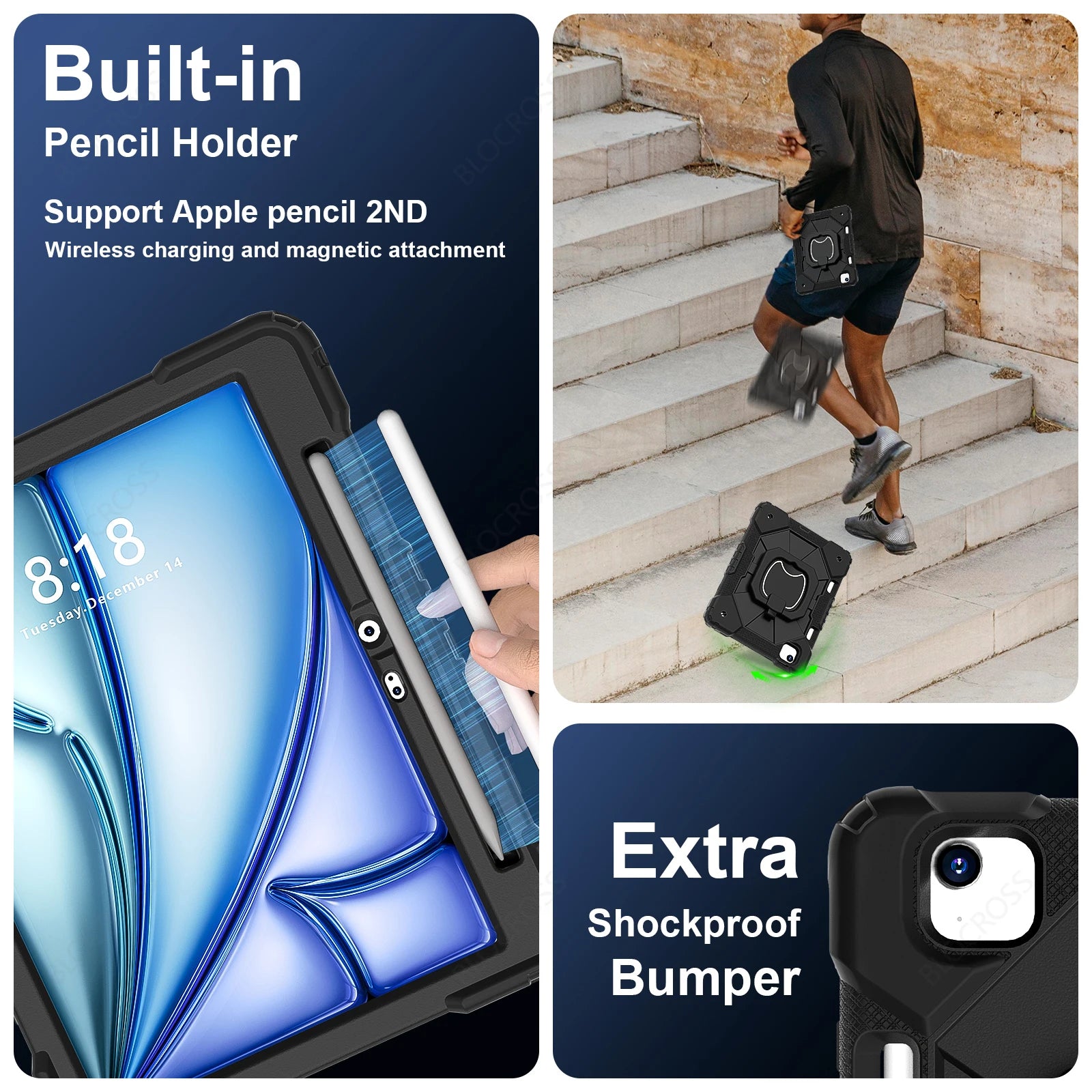 Shockproof Armor Stand Case with Kickstand & Hand Strap for iPad Mini, iPad Air & iPad Pro