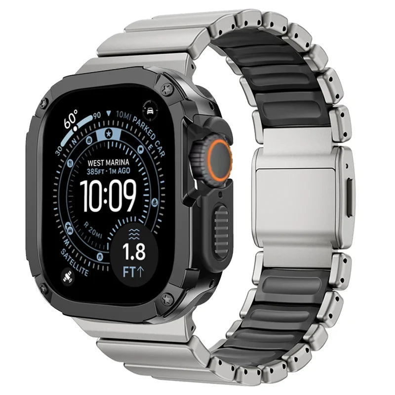 TitanFusion UltraGuard Series — Titanium Metal Band + Rugged Case for Apple Watch Ultra 3, Ultra 2, Ultra 1, Series 11, 10, 9, 8 (49mm / 46mm / 45mm / 44mm)