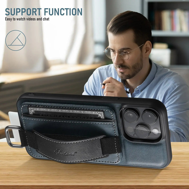 for iPhone 15 Pro Max Plus 15 Pro Case PU Leather Wallet flip Cover Stand Feature with Wrist Strap and Credit Cards Pocket Avontic