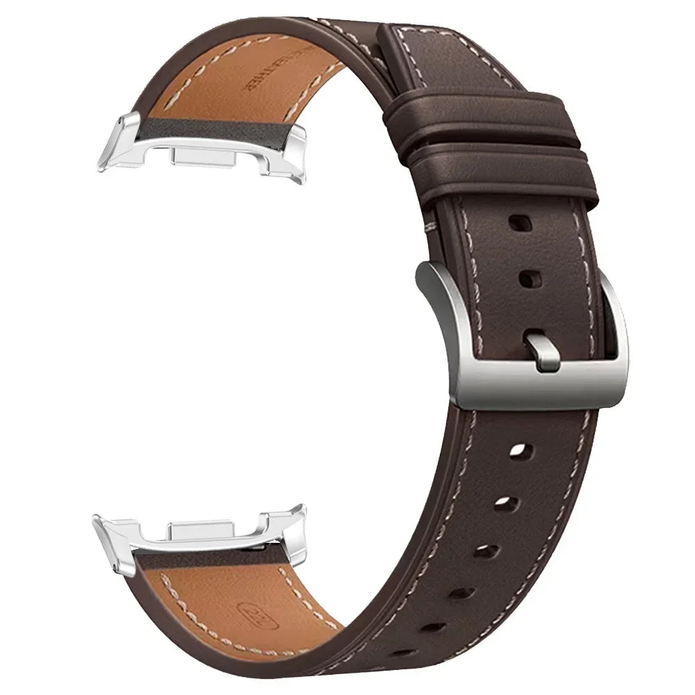 Avontic TailorLink Dark Brown / Silver Connector leather band for Galaxy Watch9, Watch8, Watch8 Classic, Ultra and Ultra2 on a clean background