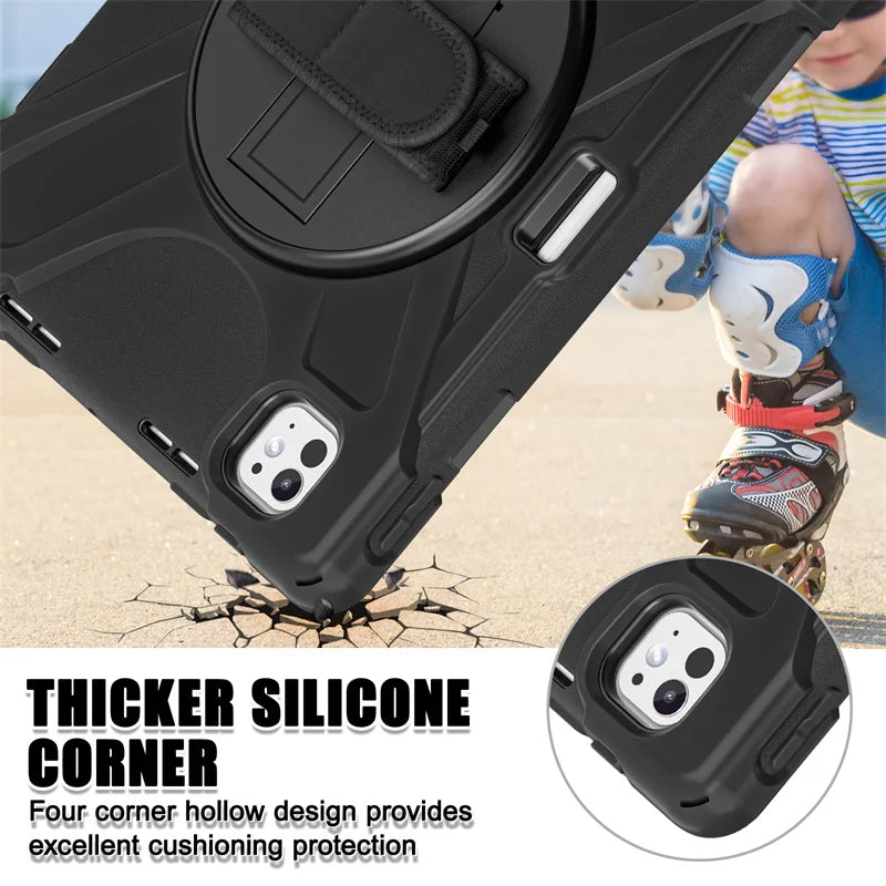Rugged Kickstand Shockproof Case with Shoulder Strap for 2024 2025 iPad Pro 11", 12.9", iPad Air 13", & iPad Air 11" M2