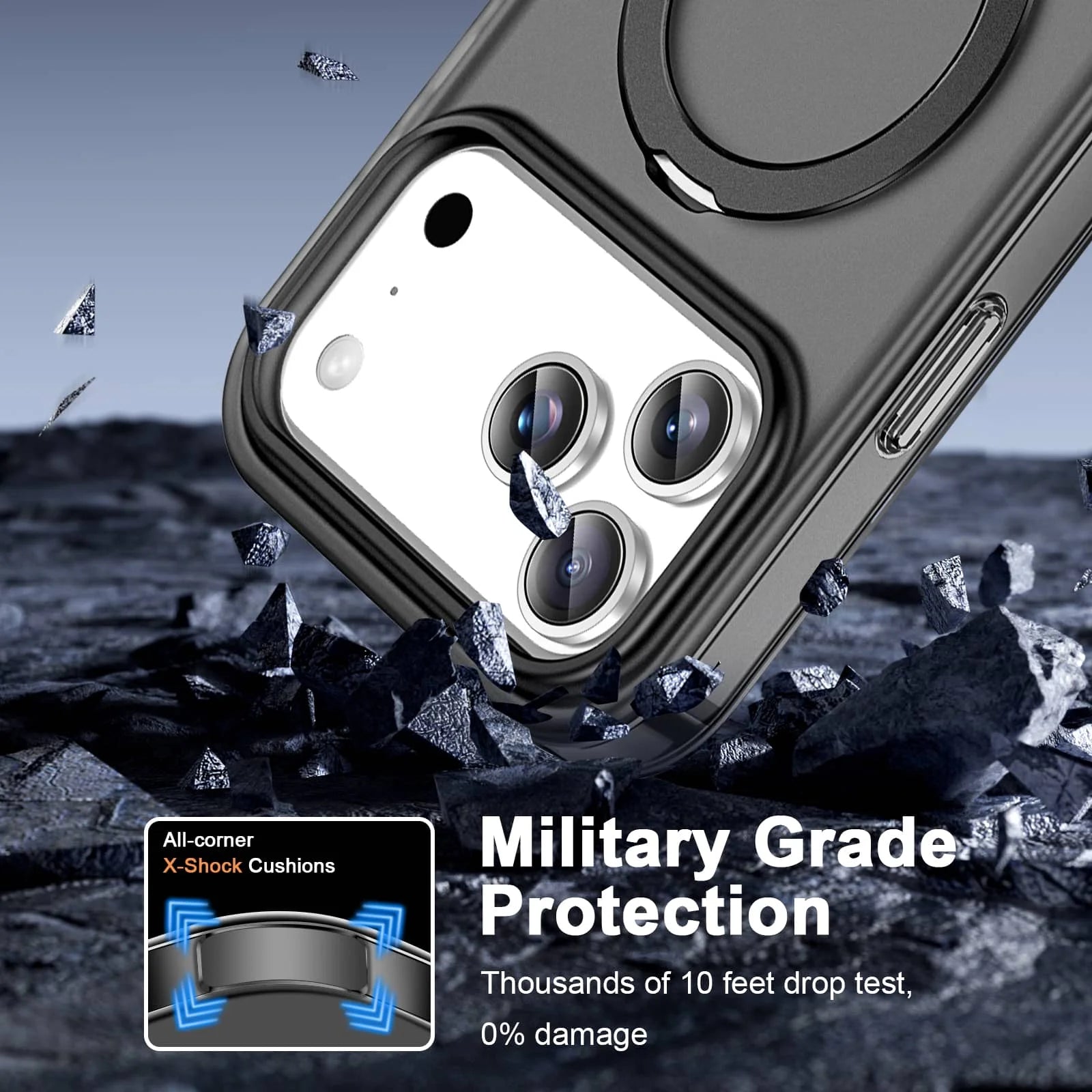 iPhone 17 Pro Max Shockproof Ring Kickstand Case with Built-in Screen Protector – Full-Body Dual-Layer MagSafe Cover