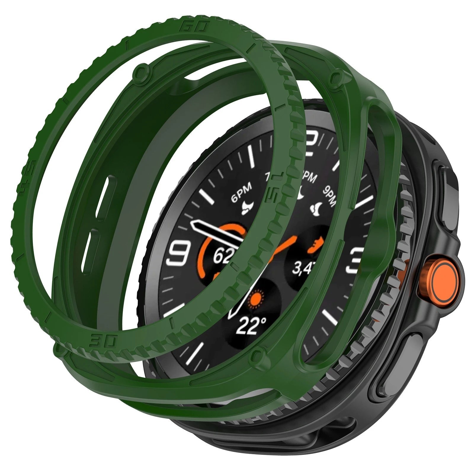 Green silicone watch case on a smartwatch with a white background