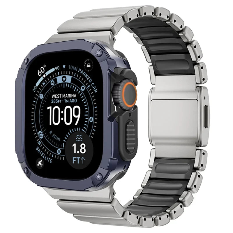 TitanFusion UltraGuard Series — Titanium Metal Band + Rugged Case for Apple Watch Ultra 3, Ultra 2, Ultra 1, Series 11, 10, 9, 8 (49mm / 46mm / 45mm / 44mm)