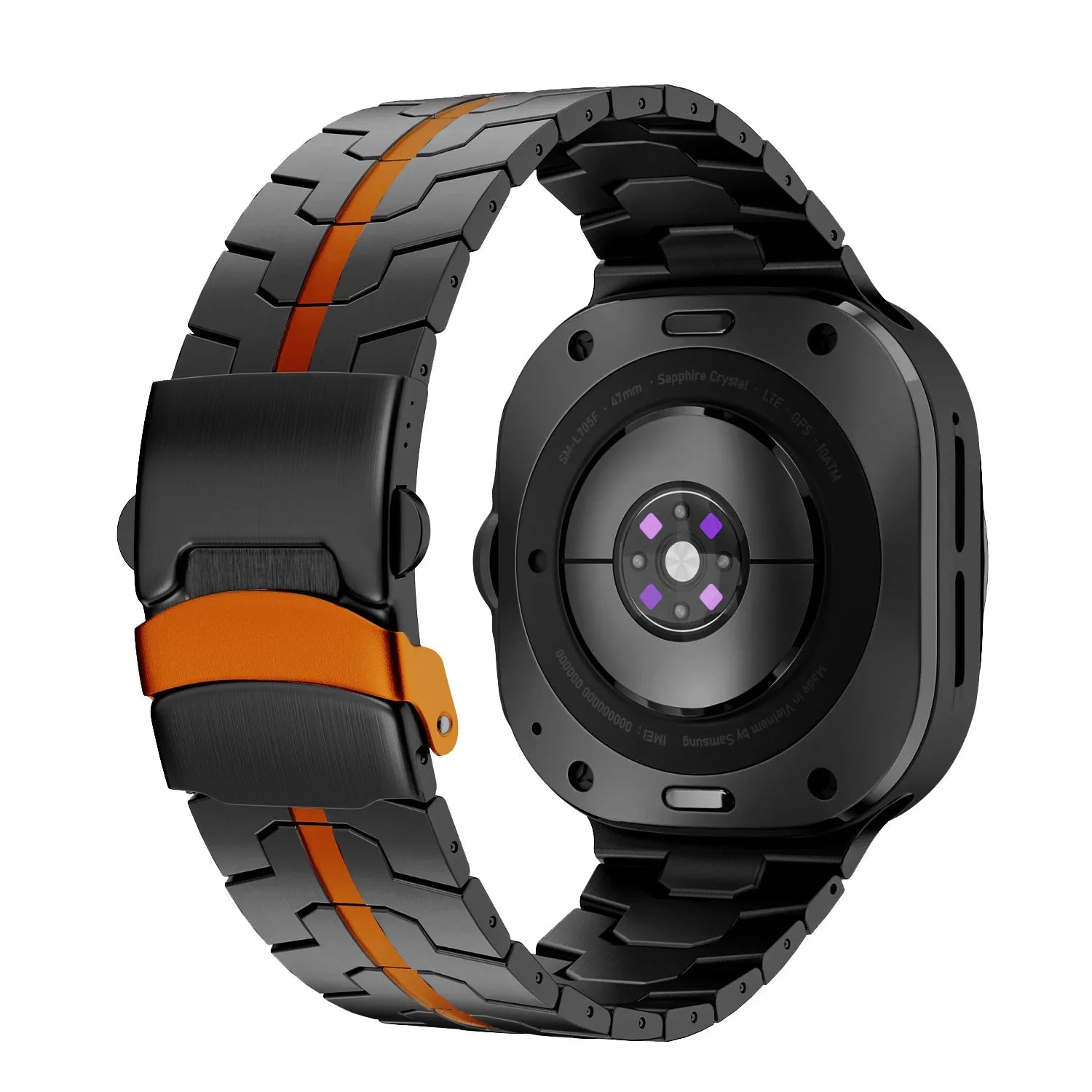 Avontic RidgeSteel Black / Orange stainless steel band for Galaxy Watch Ultra and Ultra2 47mm on a clean background