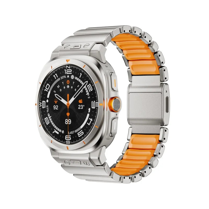 Avontic PulseLink Titanium-Tone / Orange contrast-link stainless steel band for Galaxy Watch Ultra and Ultra2 47mm