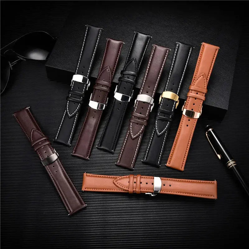 Smooth Genuine Calfskin Leather Watchband 18mm 20mm 22mm 24mm Straps with Solid Automatic Butterfly Buckle Business Watch Band Avontic