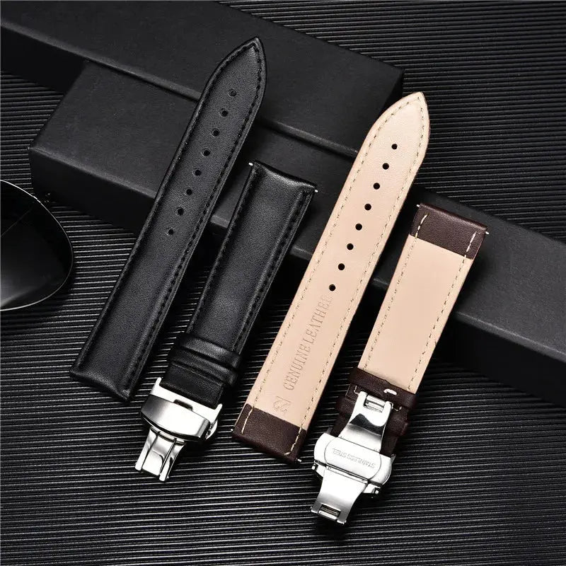 Smooth Genuine Calfskin Leather Watchband 18mm 20mm 22mm 24mm Straps with Solid Automatic Butterfly Buckle Business Watch Band Avontic