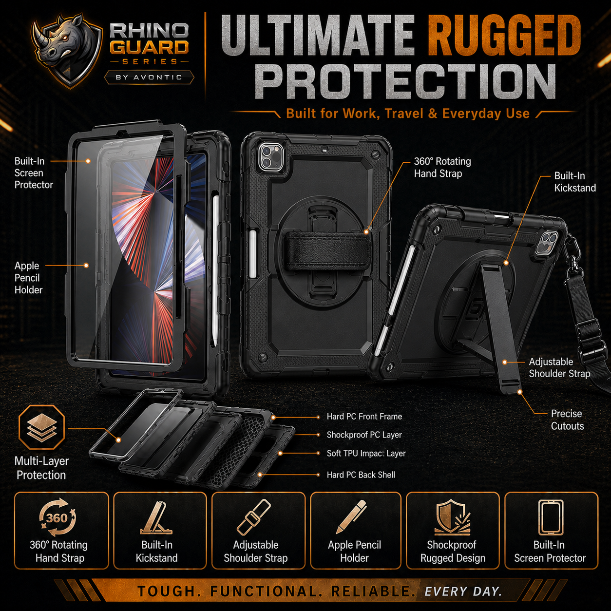 RhinoGuard Pro Rugged iPad Case with Hand Strap, Shoulder Strap & Kickstand
