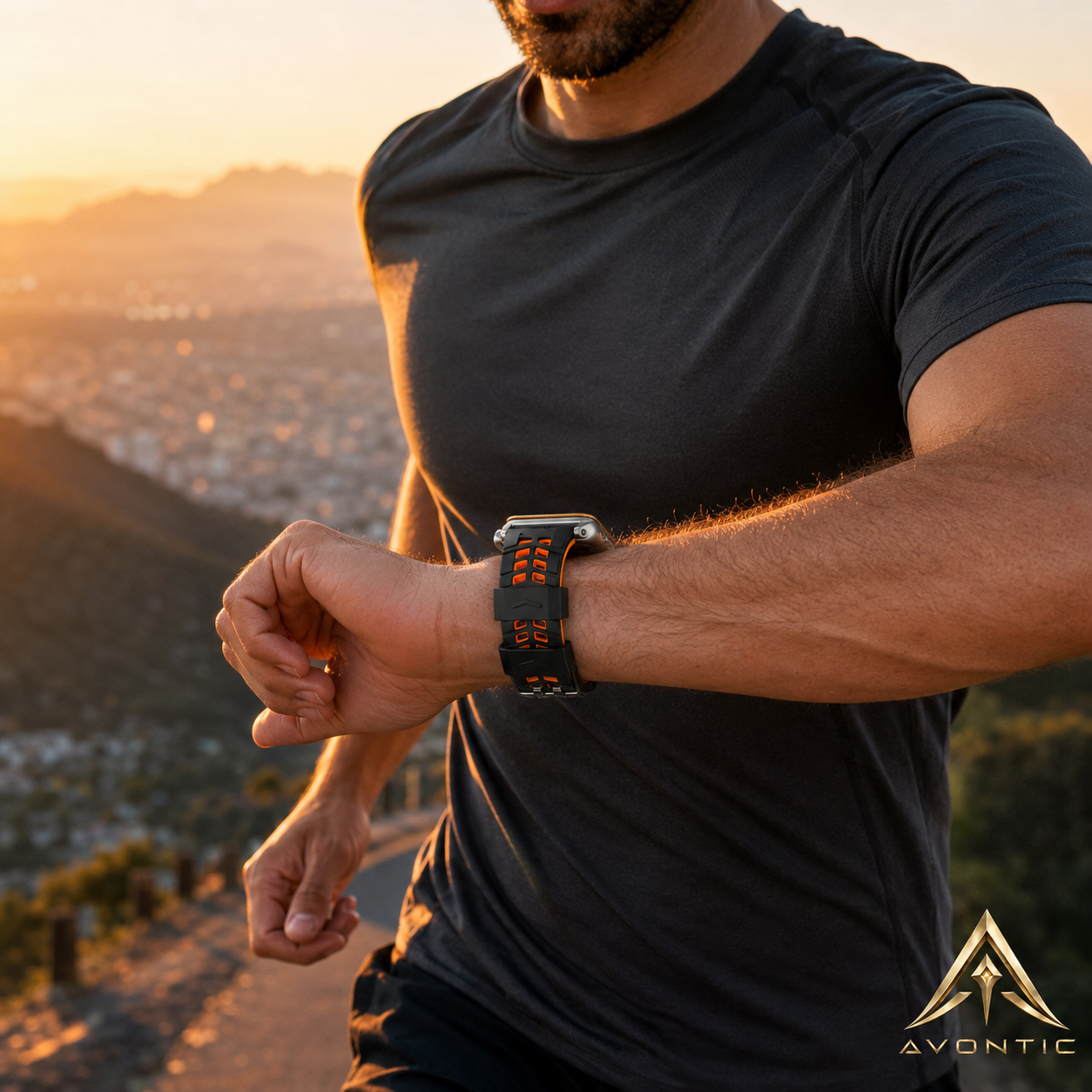 Runner wearing Black and Orange ActiveFlex Pro Apple Watch sport band
