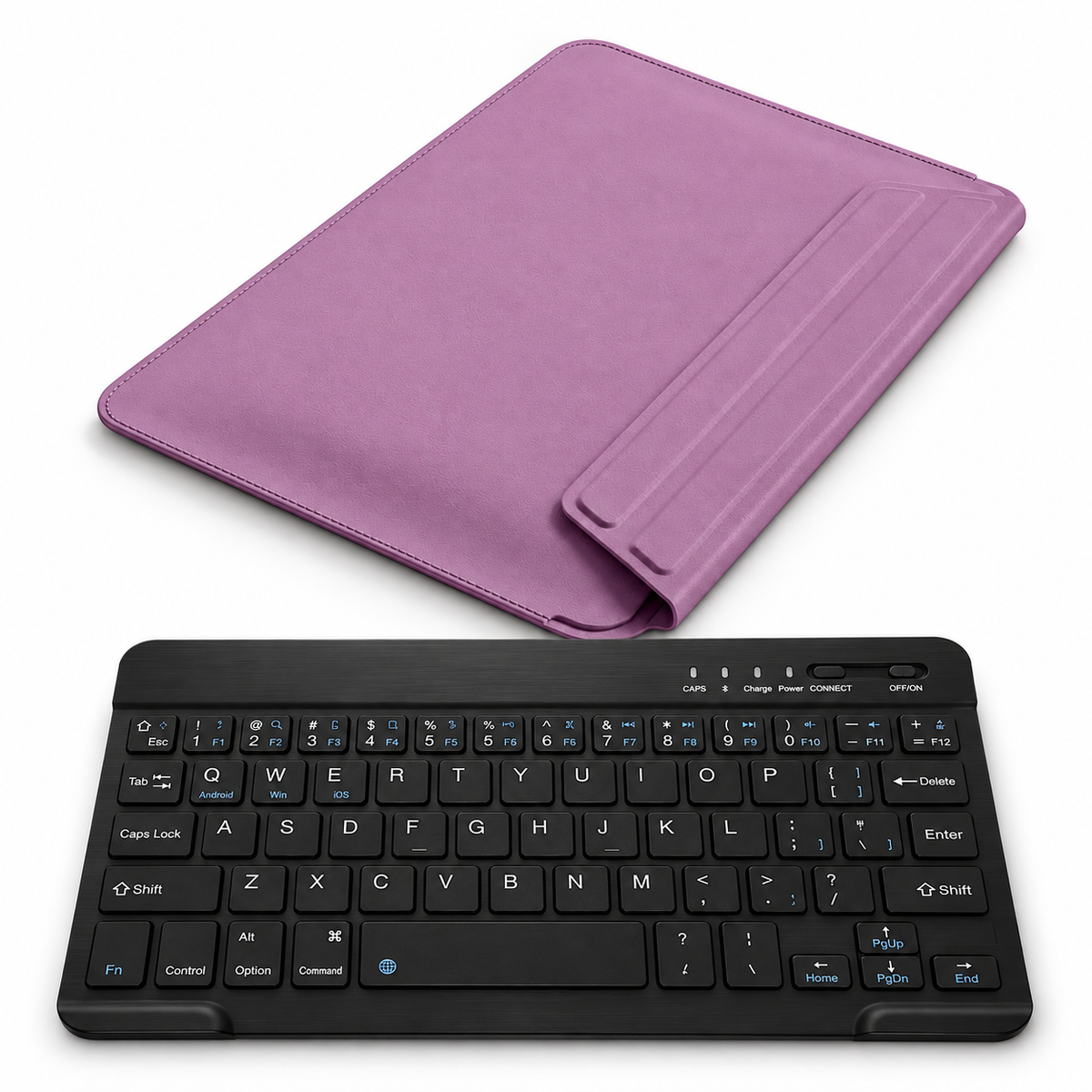 FormaLift Air Work — iPad Sleeve + Keyboard Bundle, Sunset Purple; all included bundle items on white. Representative iPad fit; tablet not included.