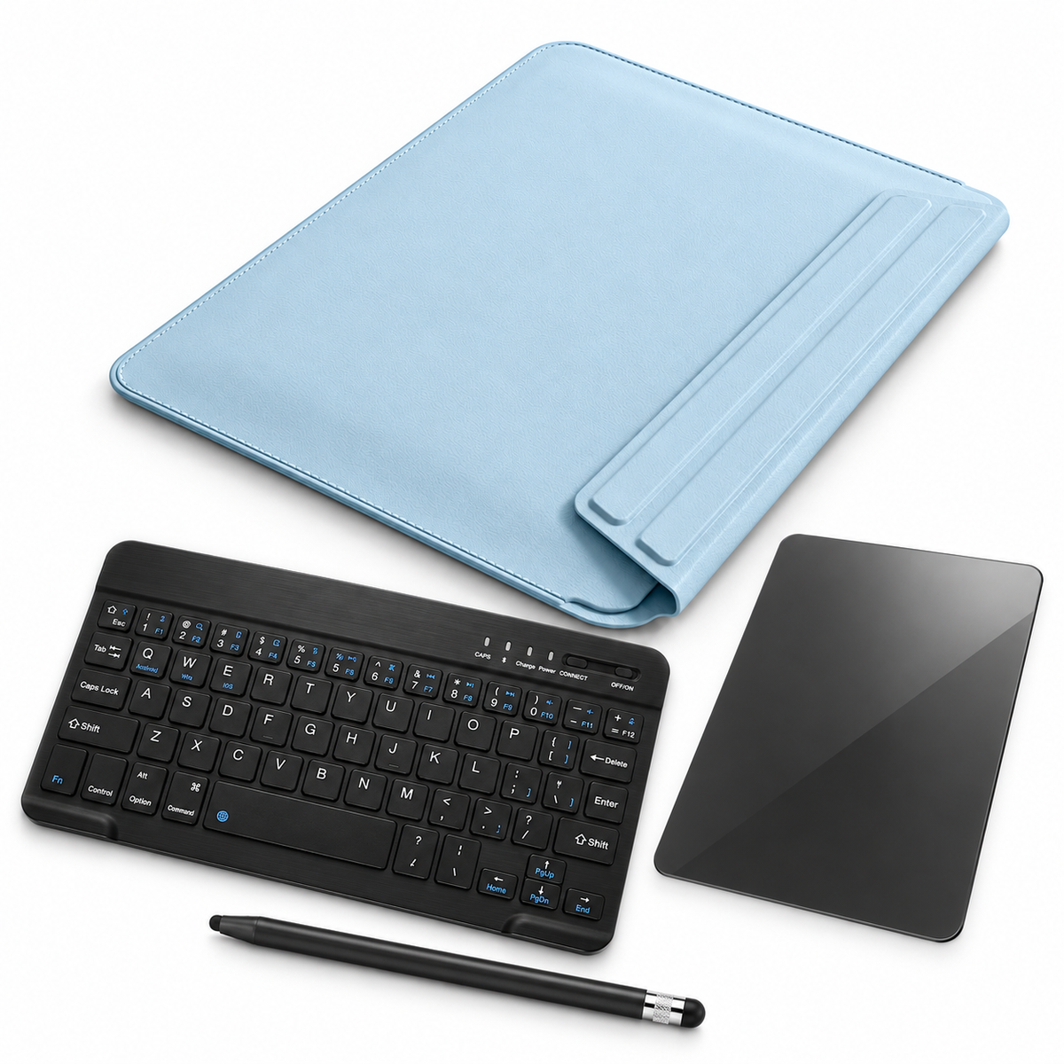 FormaLift Air Complete — iPad Sleeve + Keyboard, Stylus, Privacy Glass Bundle, Light Blue; all included bundle items on white. Representative iPad fit; tablet not included.