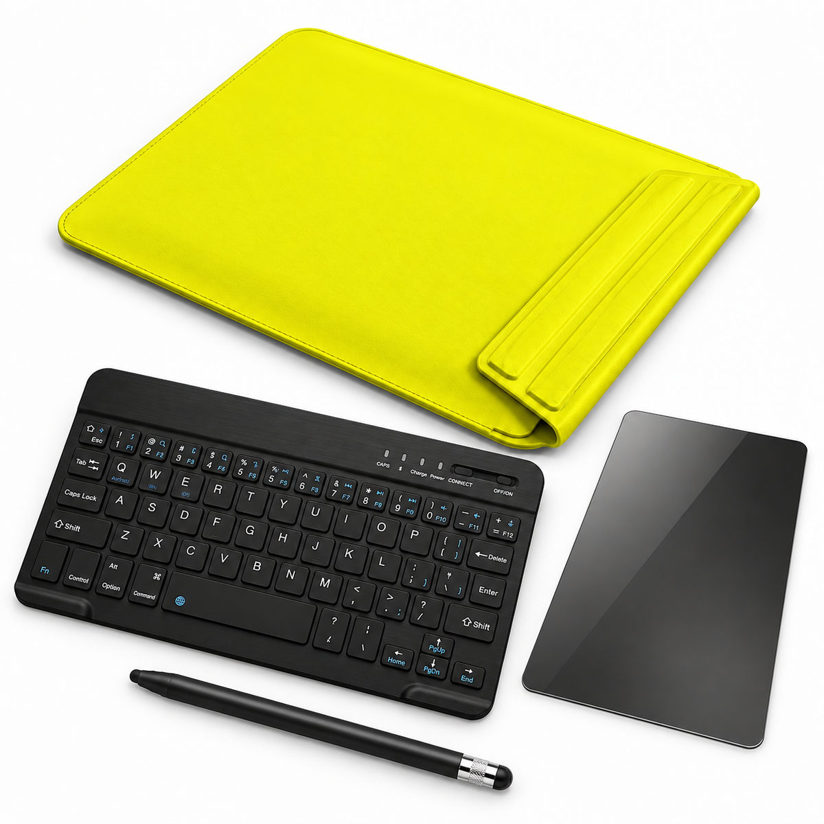 FormaLift Air Complete — iPad Sleeve + Keyboard, Stylus, Privacy Glass Bundle, Lemon Yellow; all included bundle items on white. Representative iPad fit; tablet not included.