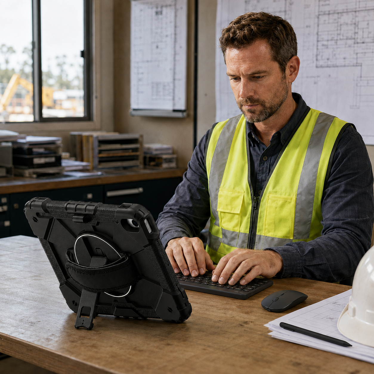 Professional using the Apex Command WorkForce Elite iPad bundle at a construction worksite