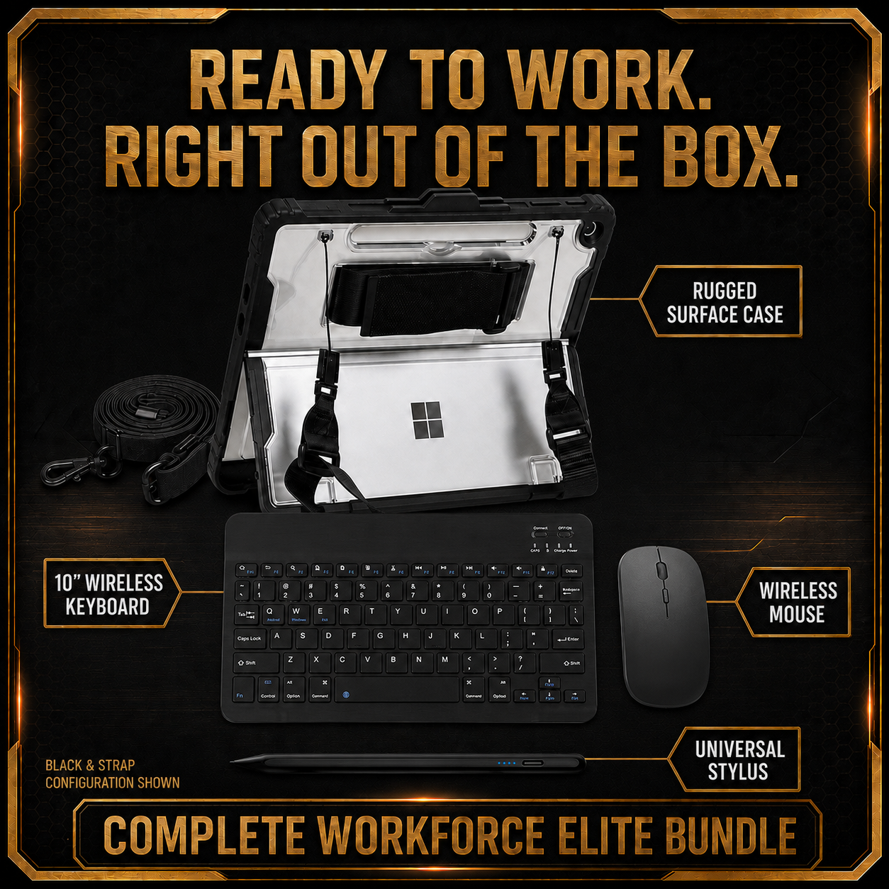 Apex Shield Black & Strap configuration with 10-inch wireless keyboard, mouse and universal stylus