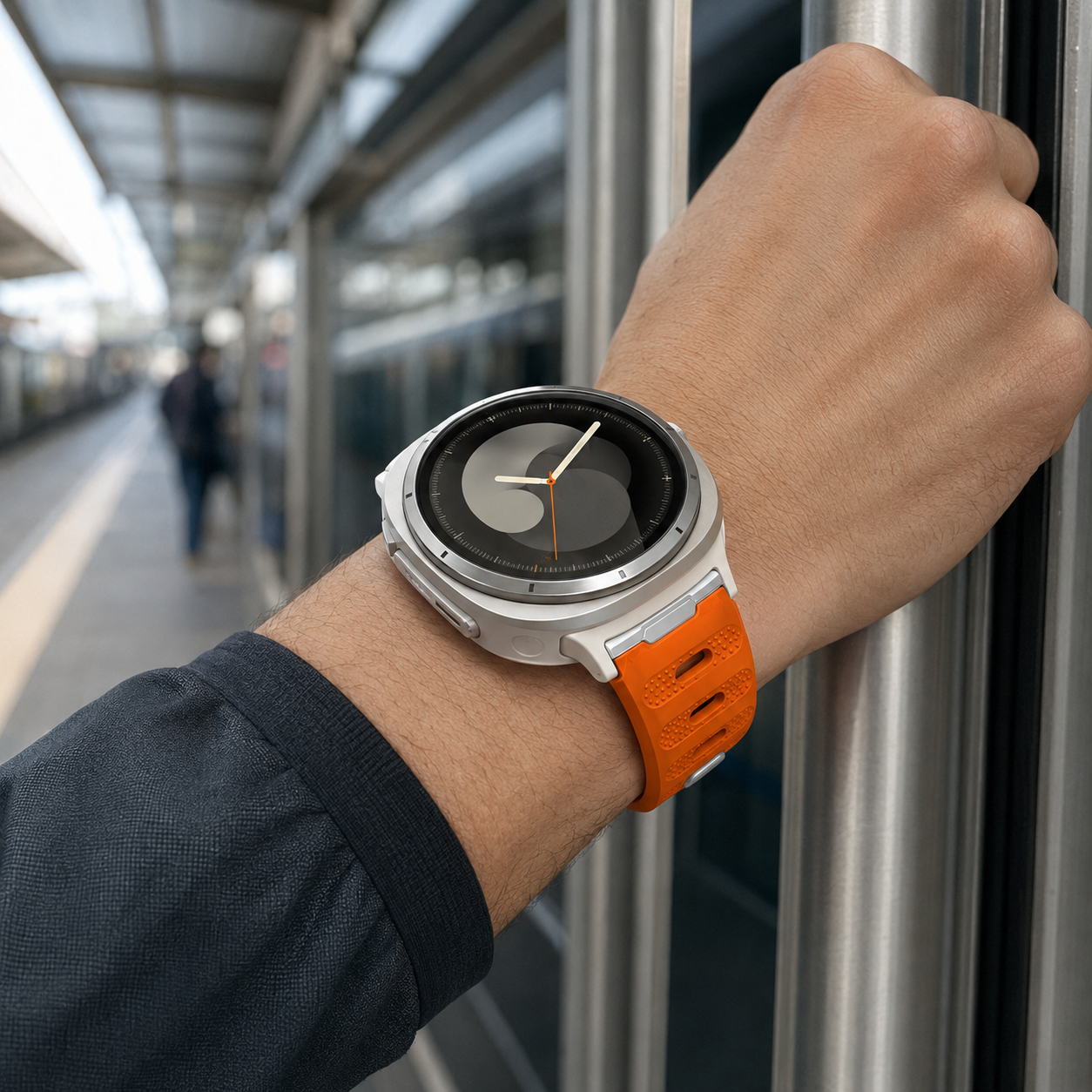 Starlight Orange Avontic AeroFlex sport band on a circular smartwatch during a city commute