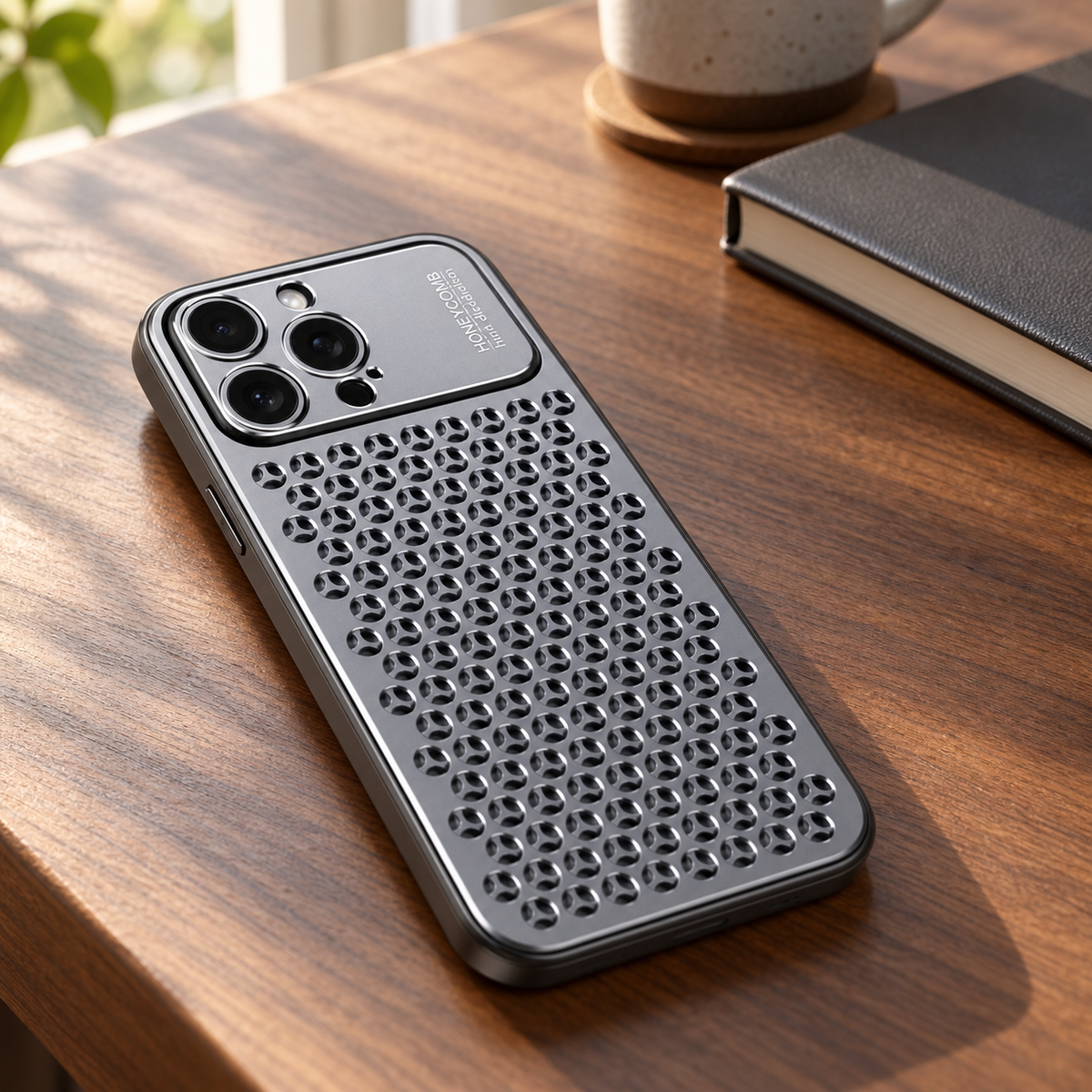 RhinoGuard AeroMesh Aluminum Case — desk lifestyle view