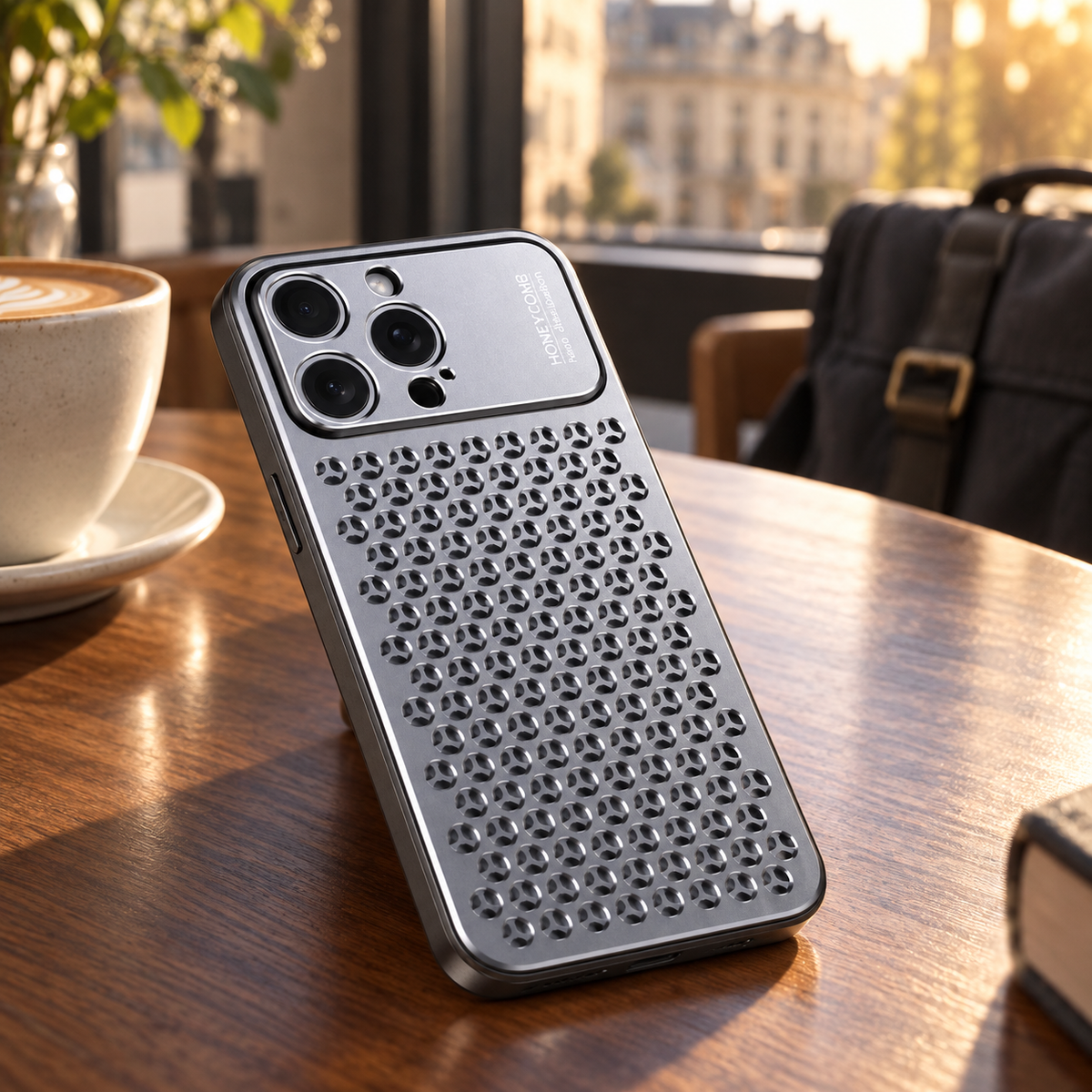 RhinoGuard AeroMesh Aluminum Case — cafe lifestyle view