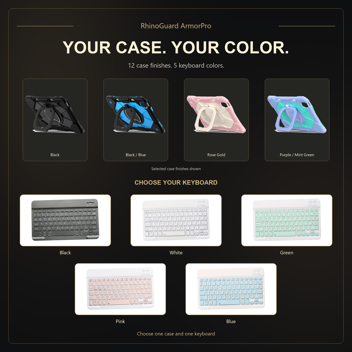 RhinoGuard ArmorPro WorkForce Color case finishes and five complete keyboards in Black, White, Green, Pink and Blue