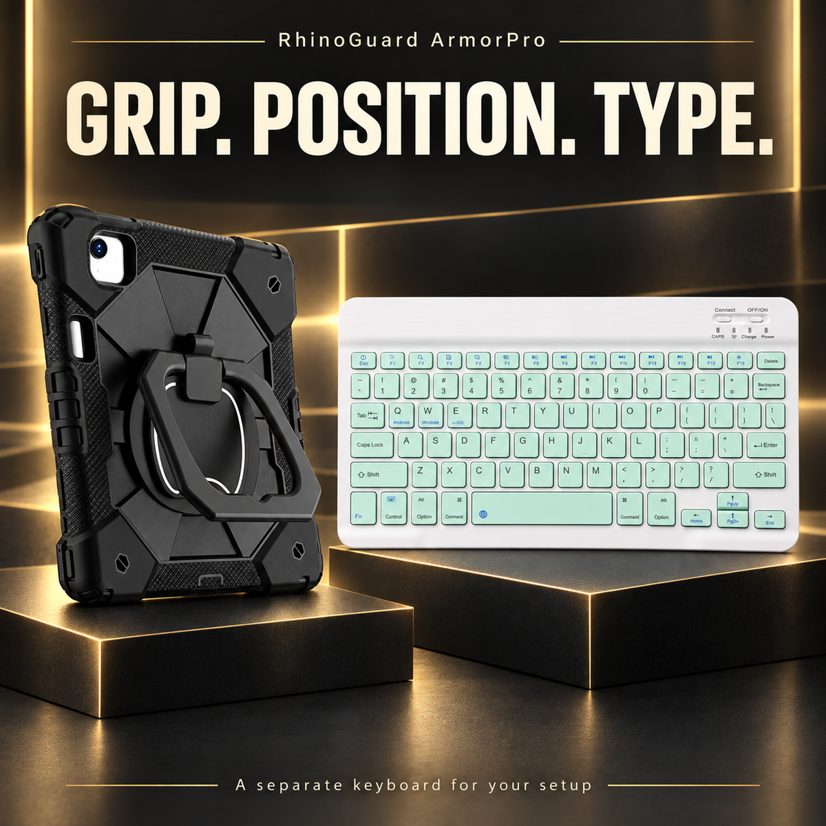 RhinoGuard ArmorPro color and design feature graphic with complete Green keyboard fully visible beside the case