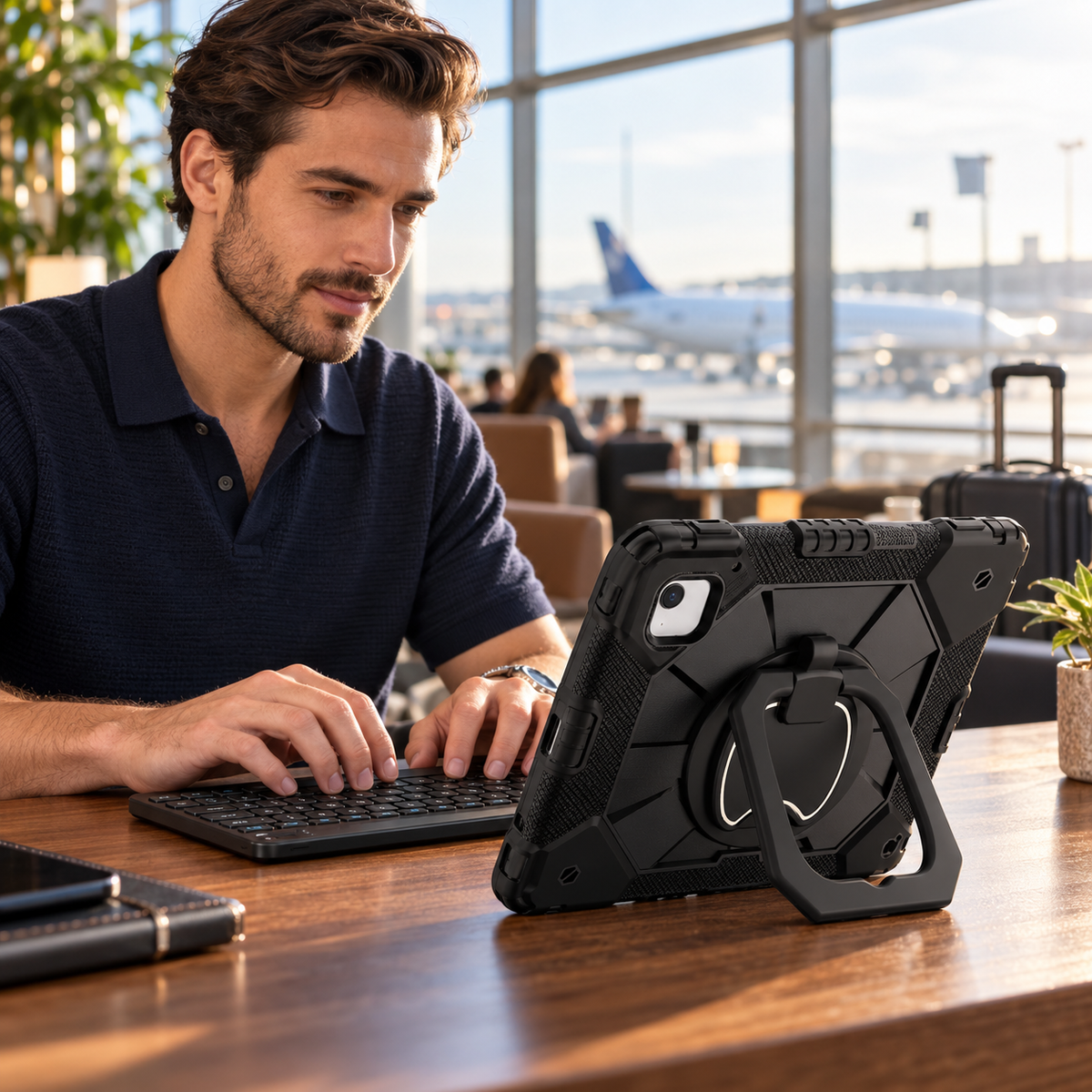 Traveler using the black ArmorPro iPad case and separate RhinoKeys Pro keyboard at an airport lounge.
