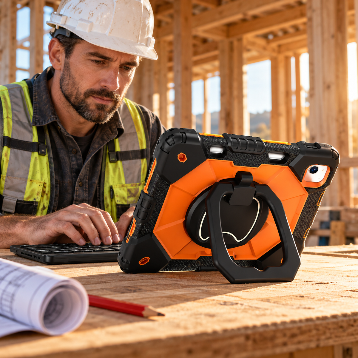 Contractor typing on the black RhinoKeys Pro keyboard with an orange ArmorPro iPad case supported by its built-in ring stand.