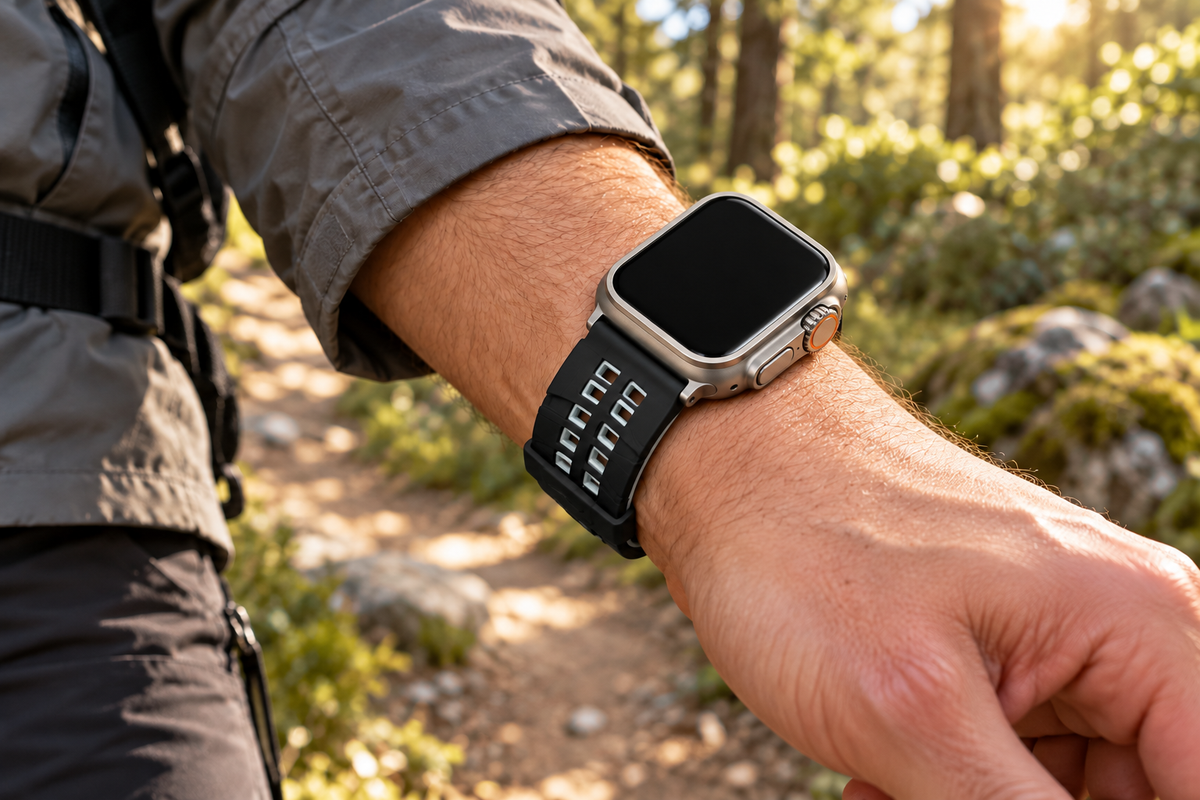 ActiveFlex Pro black and grey silicone band on a rectangular Apple Watch Ultra during a woodland walk; watch not included