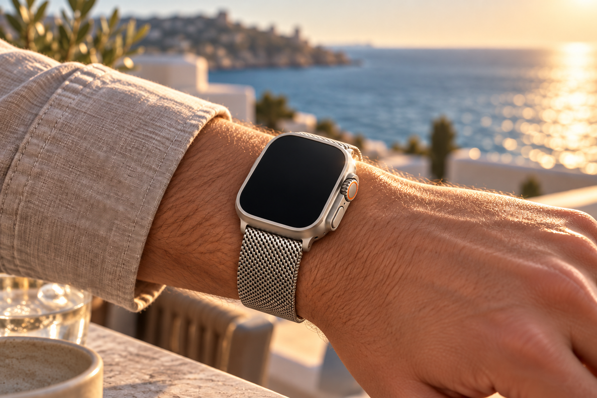 TitanMeshPro titanium mesh band worn at a seaside terrace; Apple Watch shown for styling and not included