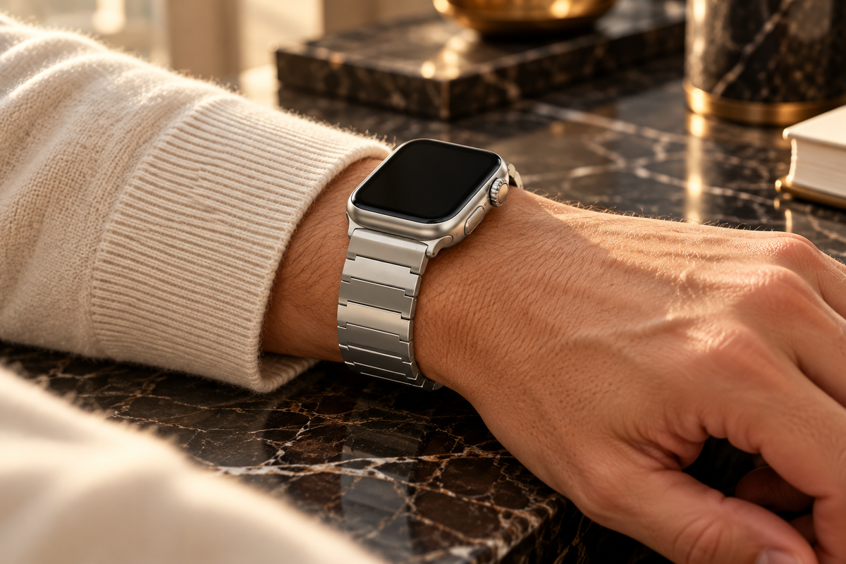 Imperium Grand Collector titanium band worn in an everyday setting; Apple Watch shown for styling and not included