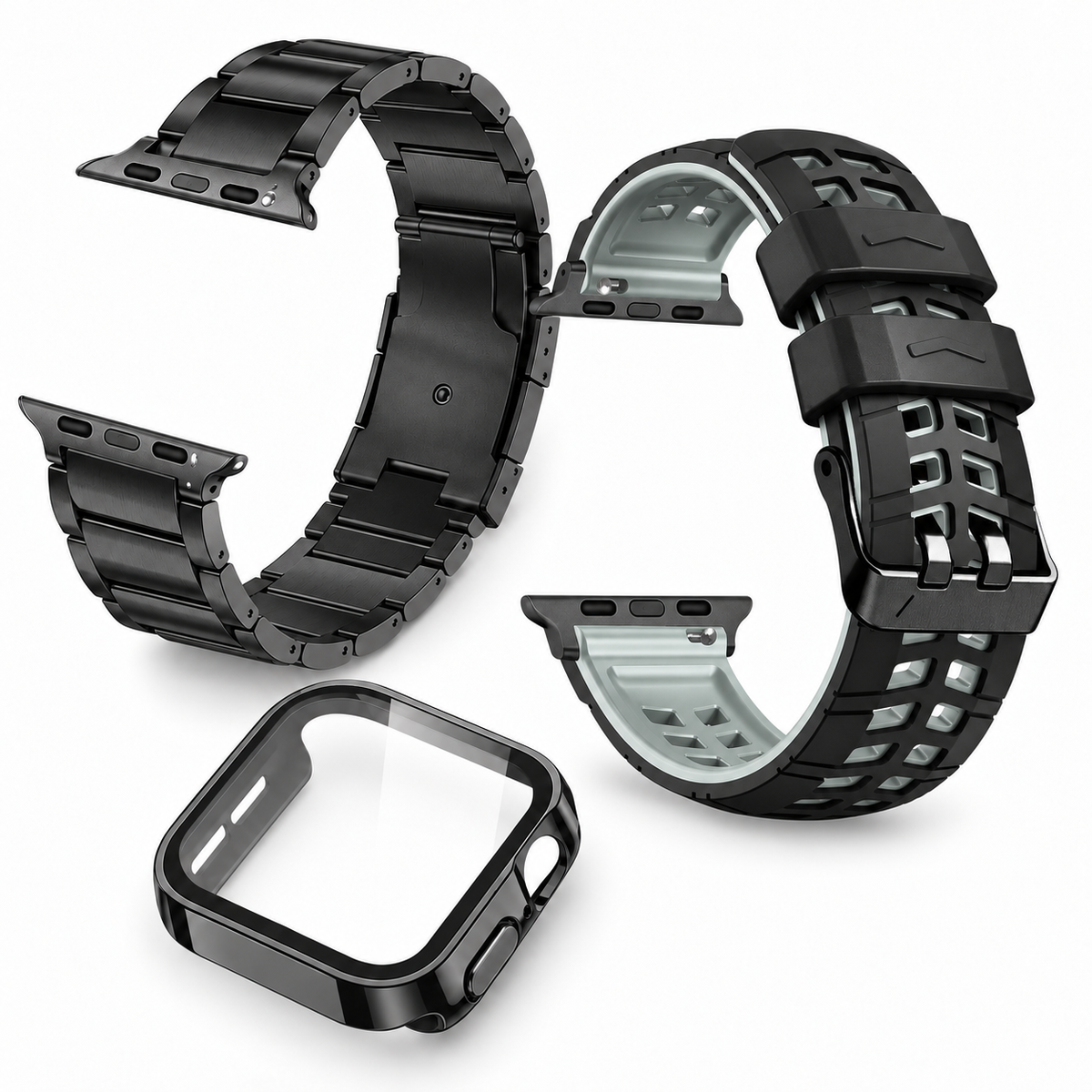 Avontic Aether Sovereign Black / Graphite accessory bundle: titanium band, ActiveFlex Pro silicone band and glass-front protective case; watch not included