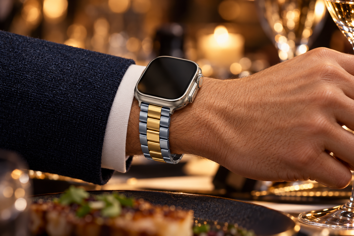 Vanta Regent titanium band worn in an everyday setting; Apple Watch shown for styling and not included