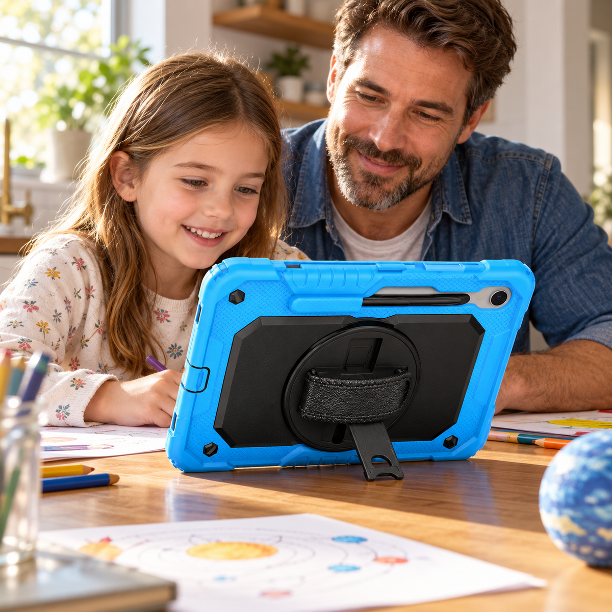 Father and daughter learning with a light blue RhinoGuard Bastion 360 Max Galaxy Tab case resting on its built-in kickstand.