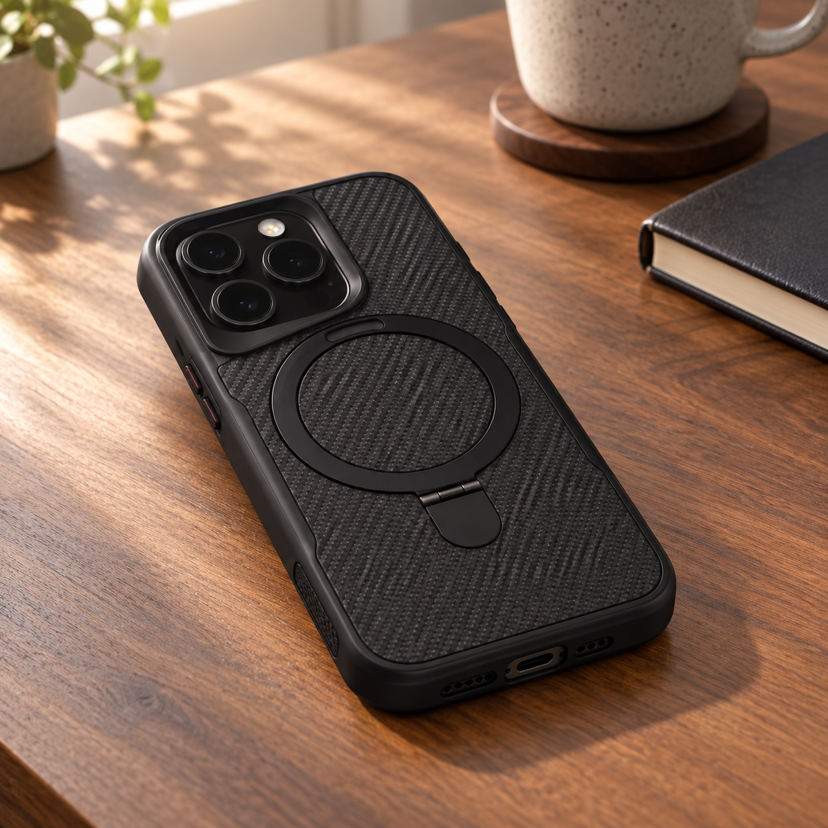 RhinoGuard CarbonPivot Magnetic RingStand Case — desk lifestyle view