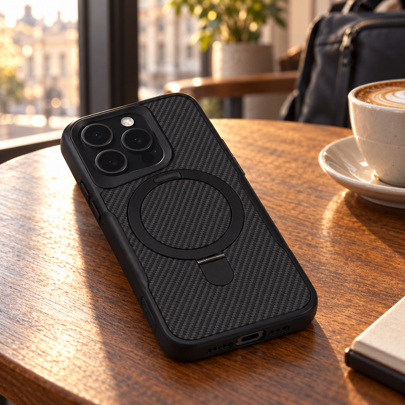 RhinoGuard CarbonPivot Magnetic RingStand Case — cafe lifestyle view