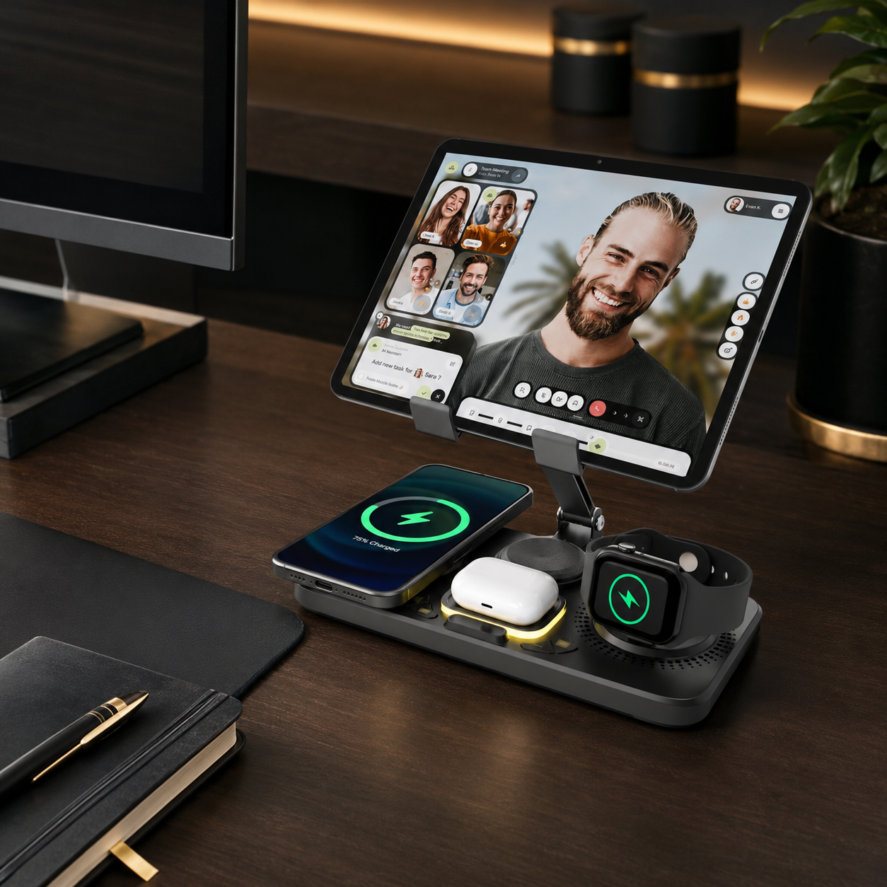 Black Avontic ChargeStation 7 on an executive desk with an iPad held for viewing and cable charging