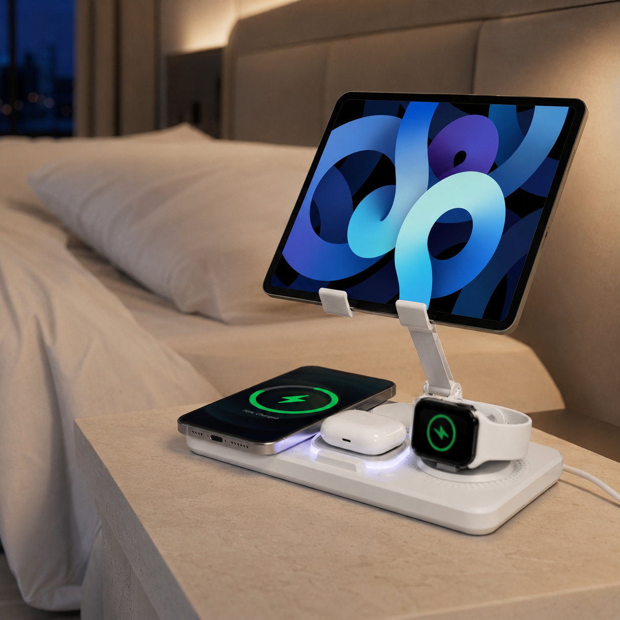 White Avontic ChargeStation 7 on a nightstand with an iPad held for viewing and cable charging