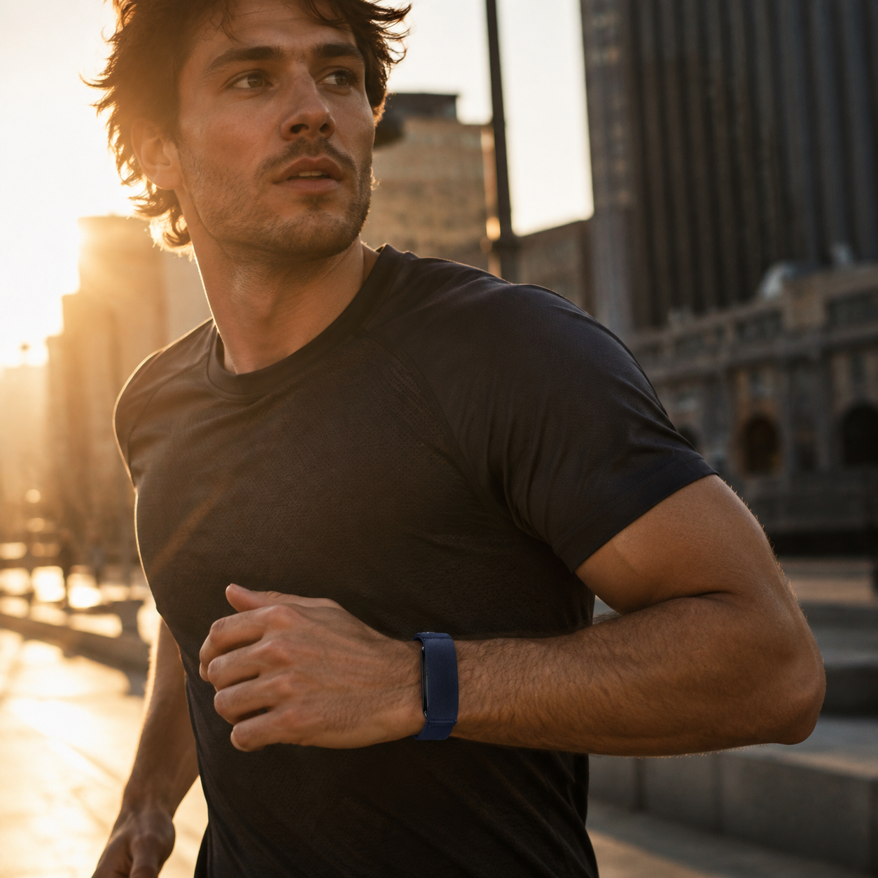 AeroWeave Flex Denim Blue wrist band during an outdoor run