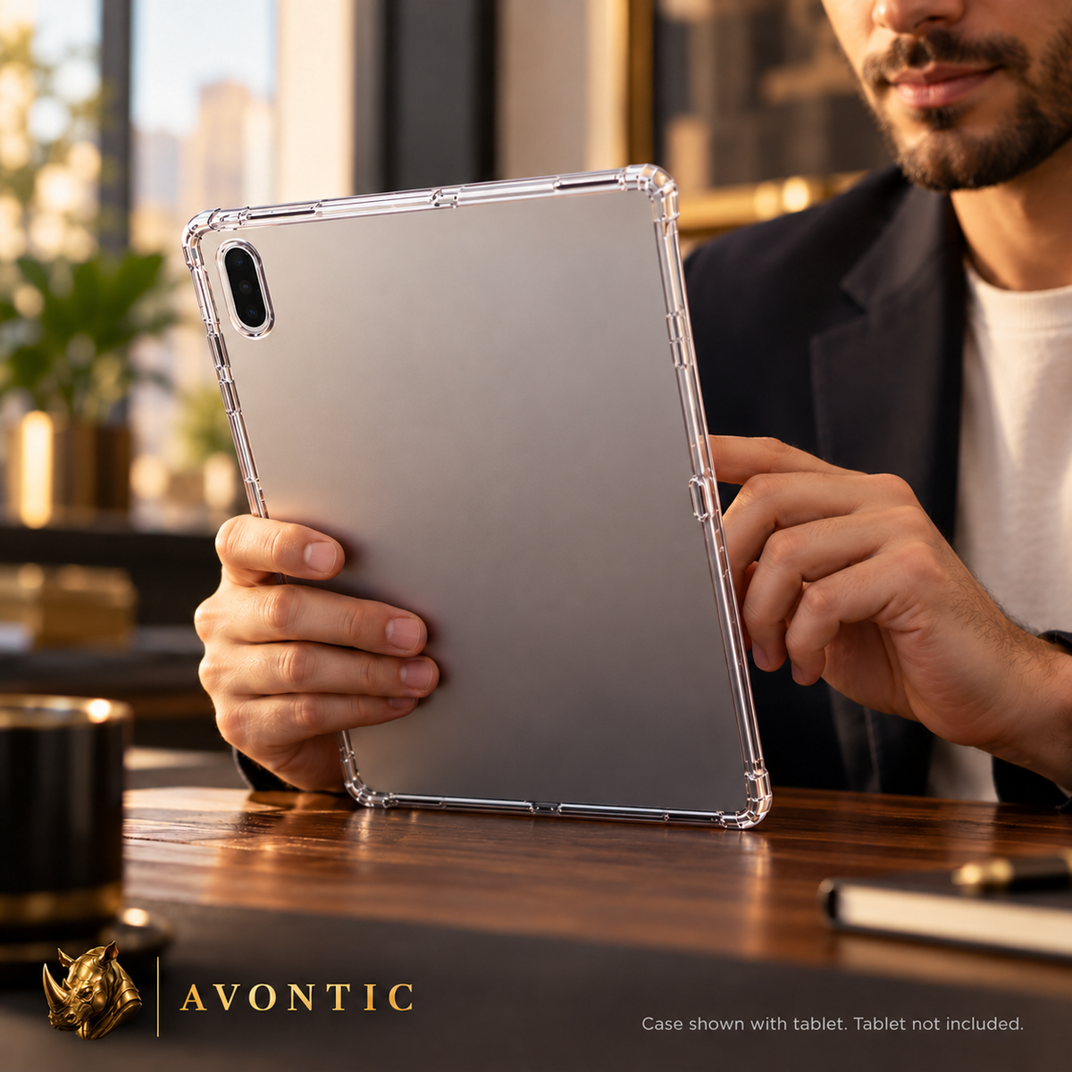 Avontic ClearGuard Flex — tablet case in use 1 — Avontic gold rhino branding