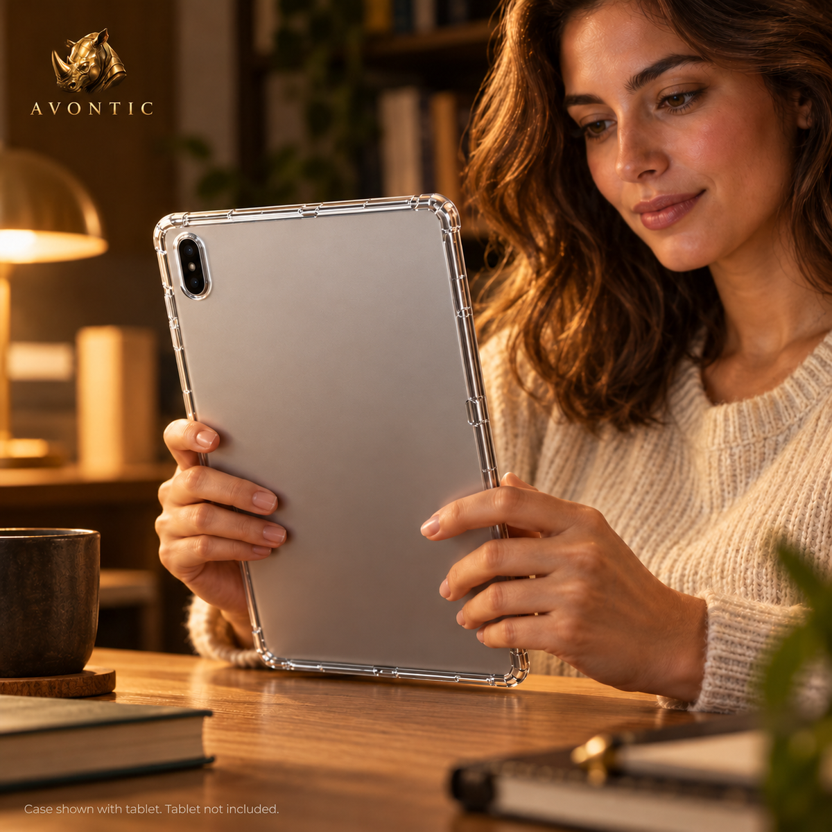Avontic ClearGuard Flex — tablet case in use 3 — Avontic gold rhino branding