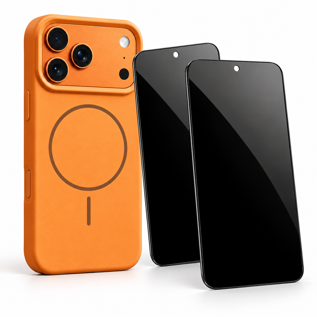 One cloudform case and two privacy-glass protectors. Phone not included; selected model and color vary.